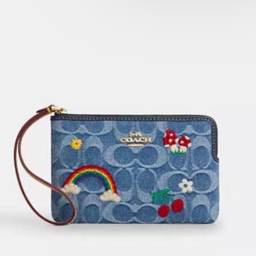 Corner Zip Wristlet in Signature Denim With Embroidery NWT